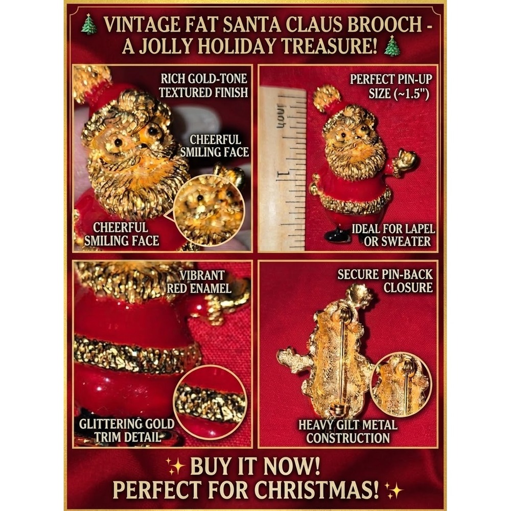 Vintage Fat Santa Claus Brooch Enamel Gold Tone Christmas Holiday Pin 80s
